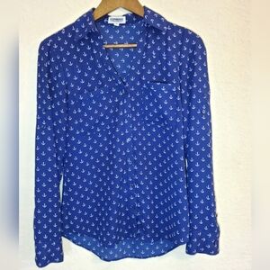 Express Portofino Shirt Womens XS Blue White Nautical‎ Anchor Print Button Down
